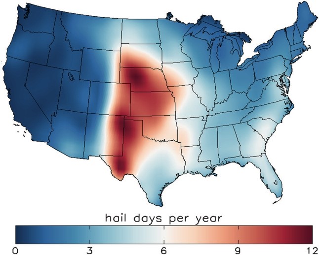 Hail Alley US Map Hail Alley US Map showing Hail days per year by color